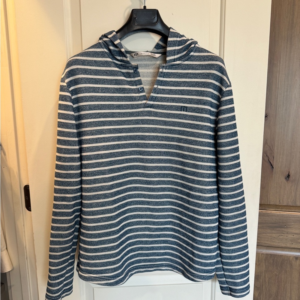 Striped Blue and White Men's Hooded Sweatshirt, Hoodie